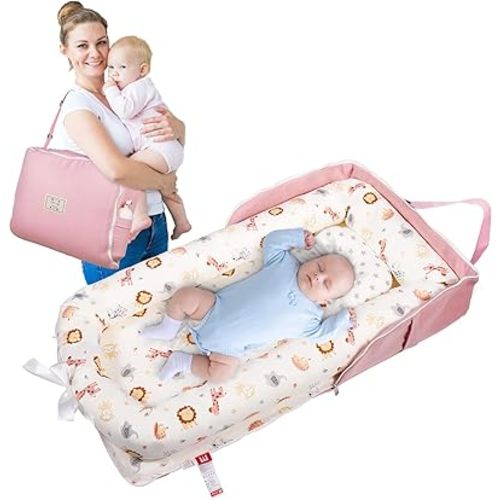 Baby Lounger Diaper Bag for Newborn: Portable Foldable Travel Nest Bed for Infants Toddler 0-12 Months 100% Cotton Breathable - Indoor & Outdoor Use (Print-Pink)