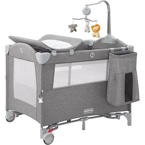 HARPPA Baby 5 in 1 Playard, Portable Pack and Play for Travel, Baby Bassinet Bedside Sleeper with Mattress, Rolling Bassinet for Infant, Pack n Play with Changing Table, Baby Bed, Crib(Grey)