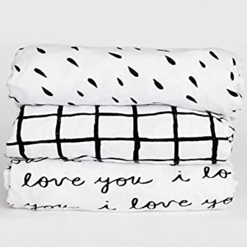 3 Fitted Crib Sheets Black/White Set for Baby Toddler Mattress - 100% Oeko-TEX Cotton Gender Neutral for Girl/Boy Nursery Bedding - I Love You, Plaid & Abstract Polka Dots 28”x52”x9” Sheet