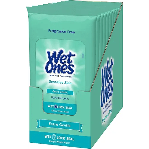 Wet Ones Hand Wipes for Sensitive Skin | Wipes Case for Hand and Face |Travel Size, 20 Count (Pack of 10)