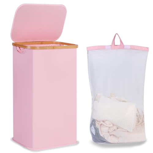 iEGrow Laundry Hamper with Lid, 110L Large Laundry Basket with Handle and Lid, Collapsible Clothes Basket Organizer with Removable Inner Bag for Clothes Toys Towels,Pink