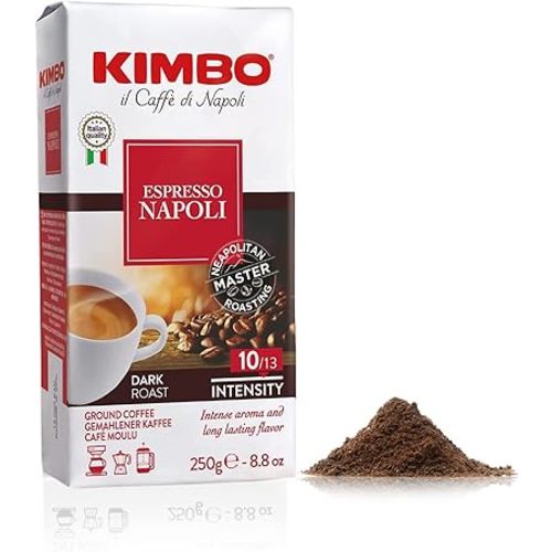 Kimbo Espresso Napoli Ground Coffee | Dark Roast | Intense Aroma & Long Lasting Flavor | 10/13 Intensity | 8.8 oz (250g) Brick