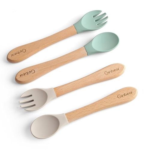 Ginbear Silicone Baby Spoon and Fork Set Self-feeding, Baby Flatware Sets, Toddler Feeding Utensils for Child 6 Months+ (Hazy Green/Almond) - Green+Almond
