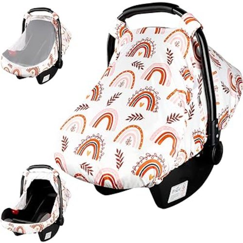 Rainbow Infant Carseat Canopy with Peep Windows and Breathable Mesh, Kick-Proof, Soft Stretchy Baby Car Seat Cover for Newborns