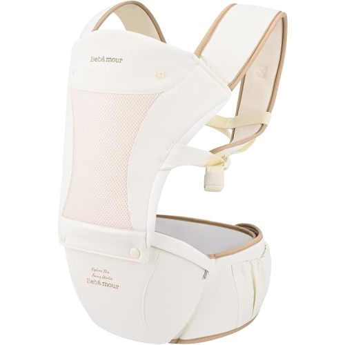 Bebamour Baby Carrier Newborn to Toddler Baby Carrier Hipseat 0-36Months with Head Hood, 3 PCS Teething Pads, Waist Extender (New Khaki)