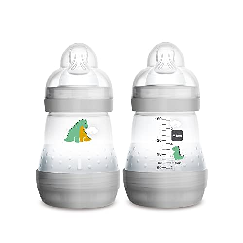 MAM Easy Start Anti-Colic Newborn Essentials, Slow Flow Bottles with Silicone Nipple, Unisex, Designs / color May Vary, 5 Oz, 2 Count (Pack of 1)