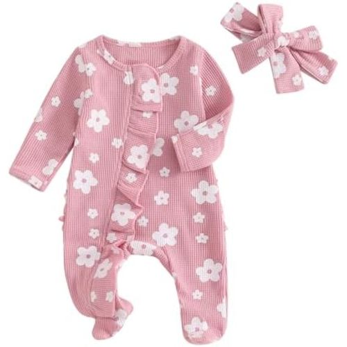 Newborn Baby Girl Outfits Coming Home Outfit Floral Waffle Footies Romper Zip Up Jumpsuit Fall Winter Clothes