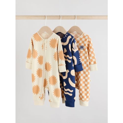 Navy/Camel Baby Two Way Zip Footless Cotton Sleepsuits 3 Pack (0mths-3yrs)