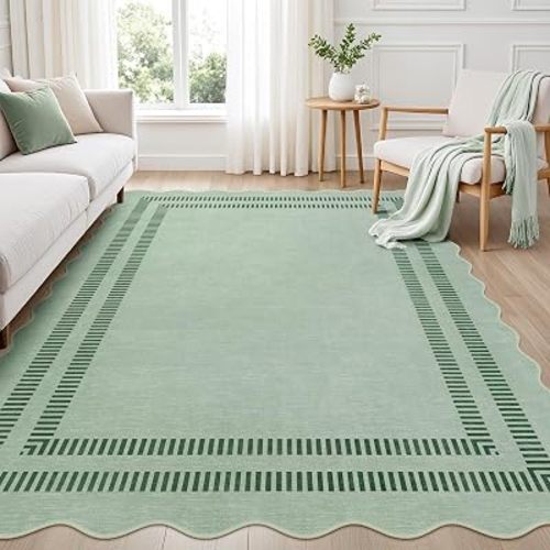 Scalloped Rug 5x7, Green Rugs for Living Room Ultra-Thin, Washable Area Rug Soft Rugs Non-Slip Throw Carpet for Bedroom Dining Room Playroom