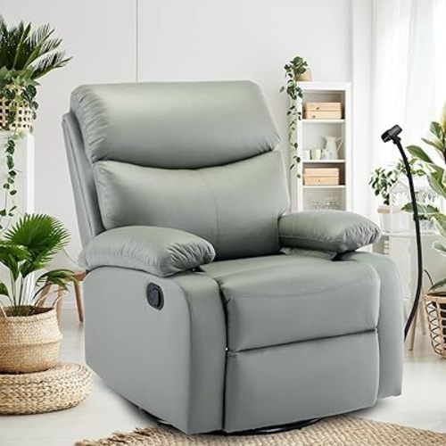 Swivel Rocker Recliner Chair, Rocking Recliner Chair with Microfiber Leather, Small Manual Recliner Chair for Living Room, Nursery, Bedroom, RV, Green