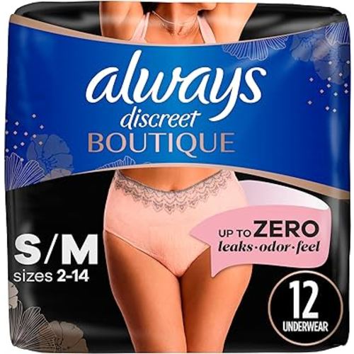 Always Discreet Boutique Adult Incontinence & Postpartum Underwear For Women, High-Rise, Size Small/Medium, Rosy, Maximum Absorbency, Disposable, 12 Count (Packaging May Vary)