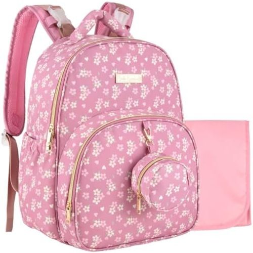 Baby Essentials Diaper Bag Backpack for Newborns, Infants, Toddlers (Matching Changing Pad, Pacifier Pouch, Insulated Bottle Pockets, Stroller Straps) Pink Floral