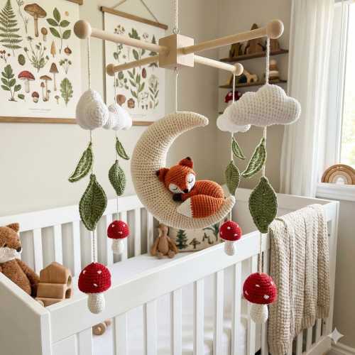 Personalized Crochet Baby Mobile, Woodland Baby Mobile, Fox Sleeping Autumn Nursery Decor, Crib Mobile, Baby Shower Gift, Newborn Gift