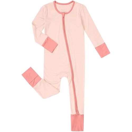 Teach Leanbh Unisex Baby Bamboo Viscose Pajamas with Mittens and Feet Cuffs Soild Printing 2 Way Zipper Long Sleeve Romper