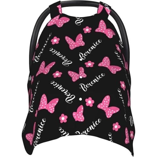 TOMASIAN Personalized Pink Bows Baby Car Seat Canopy for Girls with Name, Custom Infant Seats Covers Girl, Peekaboo Minky Nursing Breastfeeding Stroller Cover Canopies Newborn, 27.5in x 39in