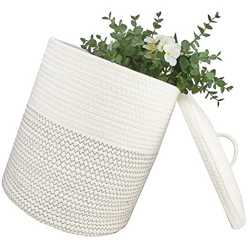 Yimi's Dream Woven Basket with Lid, Decorative Rope Storage Baskets for Organizing, medium Baskets for Baby, Kids, Toys, Blanket, Woven Baskets for Storage (White & Blacksuture, 12D x 13.5H inch)