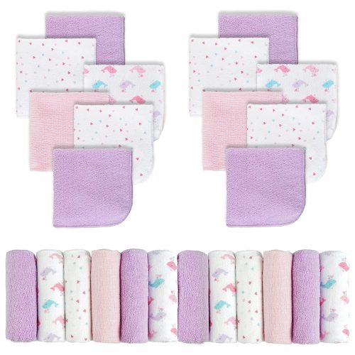 Viviland Baby Washcloths, Soft 24-Pack Baby Wash Cloths Unisex for Boys Girls, Super Absorbent Baby Face Towel Gentle on Sensitive Skin, Wash Clothes for Baby Face & Body, 9"x 9" Pink Whale Pattern