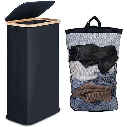 efluky Slim Laundry Basket with Lid, Narrow Laundry Hamper with Removable Bag, Skinny Dirty Clothes Basket with Bamboo Handles for Bathroom, Bedroom & Laundry Room, 63L Black