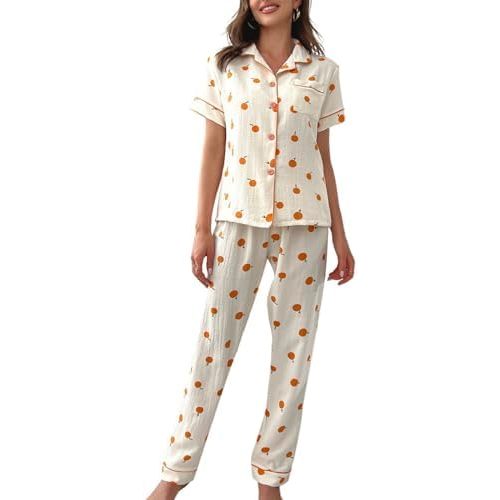 Verdusa Women's 2 Piece Pajama Sets Cute Printed Pj Sets Sleepwear Button Up Shirt with Pants Lounge Set