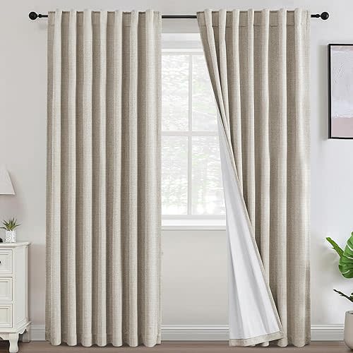 100% Black Out Curtains Cream Beige Blackout Curtains For Bedroom 84 Inch Long Chenille Curtains With White Coating Back Thermal Insulated Living Room Nursery Drapes, 52" W x 84" L,Natural(Not Solid)
