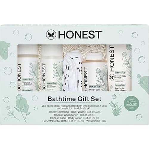 The Honest Company Fragrance-Free Bathtime Gift Set, Hypoallergenic, Bath Essentials for Sensitive Skin, Shampoo and Body Wash, Face Lotion, Bubble Bath, Conditioner, Wash Cloth