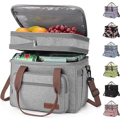 Maelstrom Lunch Bag Women,23L Insulated Lunch Box for Men Women,Expandable Double Deck Lunch Cooler Bag,Lightweight Leakproof Lunch Tote Bag with Side Tissue Pocket,Gray