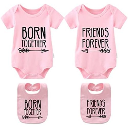 YSCULBUTOL Baby Twins Bodysuits Best Friends Forever Baby Clothes Set with Bibs Girl Outfit with hat