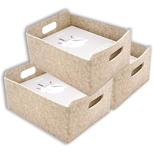 Welaxy Storage Baskets 3-piece Neutral Nordic Felt Foldable Shelf Drawer Organizer bin Scandinavian-chic Biege closet box for Kids Toys Books sleek aesthetic wabi-sabi lifestyle (Oatmeal x3