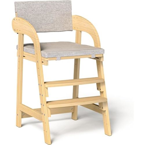 Easyego Wooden High Chair, Height Adjustment for Babies and Toddlers Aged 3-12, up to 130 lbs, Widened Foot Pedal as Steps for Kids Dining & Removable Washable Cushion (Natural)