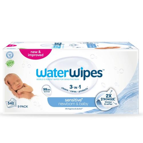 WaterWipes Sensitive+ Newborn & Baby Wipes, 3-In-1 Cleans, Cares, Protects, 99.9% Water, Unscented & Hypoallergenic - 540ct