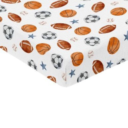 Sweet Jojo Designs Baby Boy Fitted 100% Cotton Muslin Crib Sheet Watercolor Sports Theme Blue Brown and Orange
