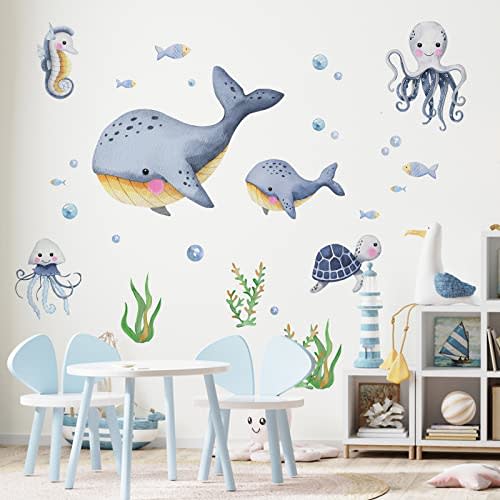 Mfault Under The Sea Whales Wall Decal Stickers, Coastal Ocean Hippocampus Octopus Turtle Fish Nursery Decoration Bedroom Bathroom Art, Marine Animal Beach Neutral Toddler Kids Baby Boys Room Decor
