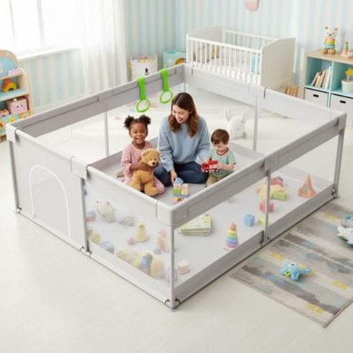 Extra Large Baby Playpen with Gate – Indoor Toddler Play Yard & Kids Play Area Fence, Sturdy Gray 69×59 in