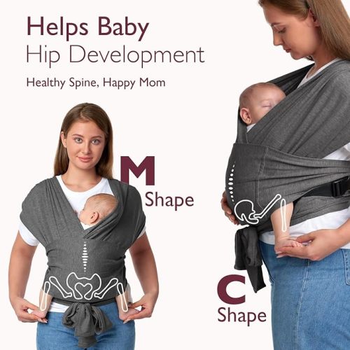 Momcozy Baby Wrap Carrier Skin-Friendly Fabric, Easy to Wear Baby Carrier Sling T-Shirt Design, Hands Free Baby Carriers Newborn to Toddler 8-35lbs, Adjustable Buckle for Waist 27-47inch, Deep Grey
