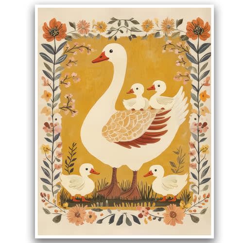 Retro Farmhouse Canvas Prints Cute Animals Wall Art Baby Nursery Poster Farmhouse Kitchen Whimsical Goose & Goslings Warm Yellow Tones Hand-Painted Style Picture 12x16 Inch Unframed Canvas for Baby Room