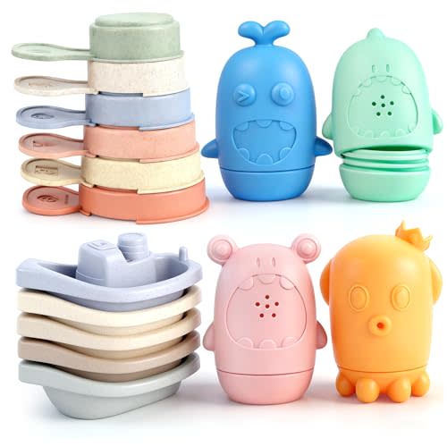 Baby Bath Toys for Kids Ages 1-3, 15 PCS Mold Free Bath Toys for Toddlers 2-4 Bathtub Water Table Pool Toys, Silicone Bath Toy and Bath Boats Spoons, Christmas Stocking Stuffers for Babies & Toddlers