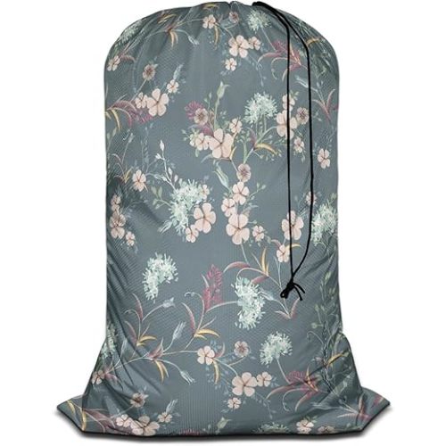 Swono Little Flowers Laundry Bag with Drawstring Closure, Foldable, Compact, Lightweight, 28" X 40" Beautiful Floral Blossom Summer Garden Plants Packable Dirty Clothes Pouch for College Dorm, Camp,