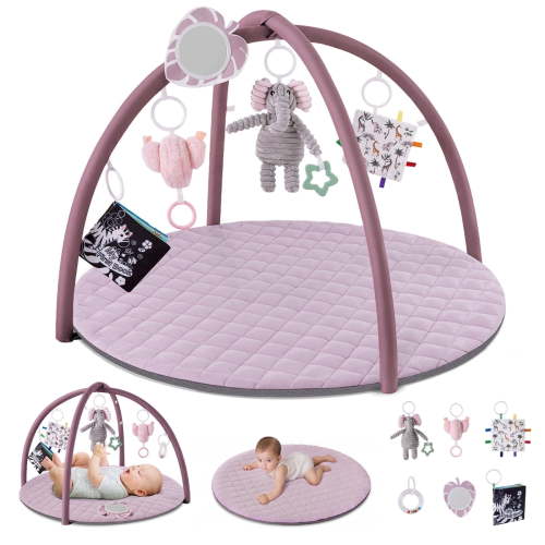 Blissful Diary Baby Play Gym Activity Mat, Tummy Time Mat Play Mat with 6 Sensory Toys for Motor Skill Development, Newborn Infant Baby Essentials Gift for Girls, Lilac Pink