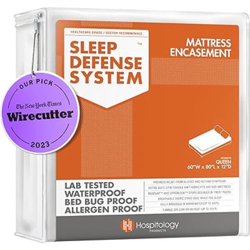 HOSPITOLOGY PRODUCTS Mattress Encasement - Zippered Bed Bug Dust Mite Proof Hypoallergenic - Sleep Defense System - Queen - Waterproof - Stretchable - Standard 12" Depth - 60" W x 80" L