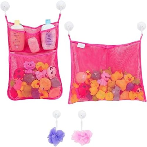 2 x Mesh Bath Toy Organizer + 6 Ultra Strong Hooks – The Perfect Bathtub Toy Holder & Bathroom or Shower Caddy – These Multi-use Net Bags Make Baby Bath Toy Storage Easy – For Kids & Toddlers