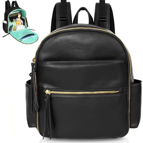 MOMINSIDE Small Diaper Bag Backpack, Mini Diaper Bag with 11 Pockets, Leather diaper backpack, Baby Diaper Bag for Baby Girls, 2 Insulated Pockets, Stroller Straps (Black)