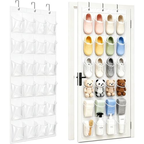 Over the Door Shoe Organizer with 24 Crystal Clear Pockets and Metal Hooks – Heavy Duty Hanging Shoe Storage Rack for Closet, Bathroom, Dorm – Space Saving for Shoes, Accessories, Toys (White)