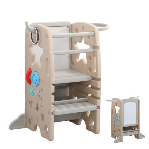 UNICOO® Multifunctional Kids Step Stool with Double Safety Rails, Height Adjustable, Toddler Tower for Kitchen Countertop and Bathroom with Big Drawing Board & Games (OMLT-Light Brown)