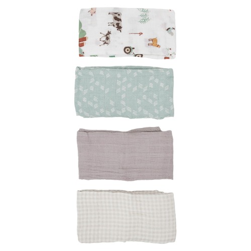 little unicorn 4-Pack Cotton Muslin Blankets, Farmyard