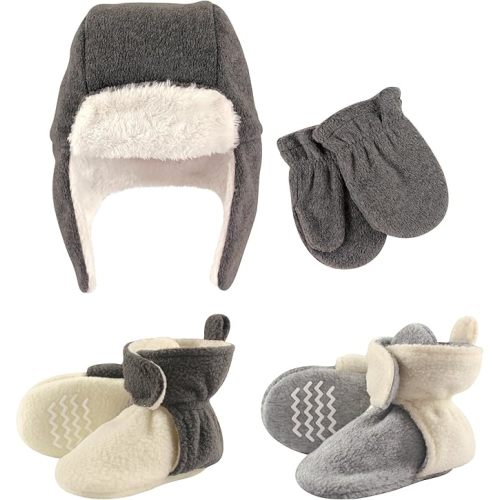 Hudson Baby Winter Hat, Mittens and 2 Pack Booties Set - 0-6 Months - Cream Charcoal