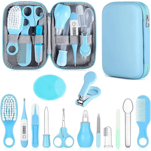 Baby Grooming Kit, Infant Safety Care Set with Hair Brush Comb Nail Clipper Nasal Aspirator,Baby Essentials Kit for Newborn Girls Boys (Blue)