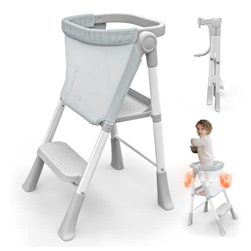 Toddler Step Stool Foldable, Kids Step Stools for Kitchen Counter, Foster Independence Learning Stool with Safety Guards&Net, Toddler Sturdy Standing Tower Kitchen Helper, Grey