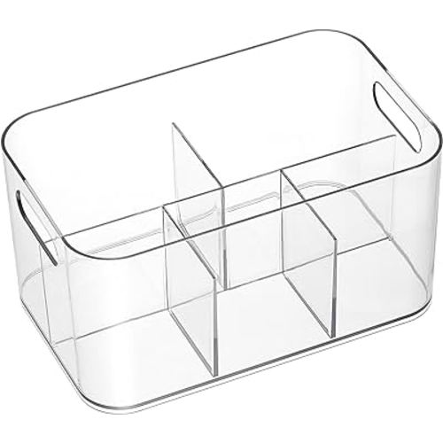 5-Compartment Clear Plastic Bin - Divided Art Supplies, Cosmetic Makeup Caddy Organizer - Multiuse Storage Container for Vanity, Bathroom, Kitchen, Office, Craft, Shower, Cleaning Items, (1 Pack)