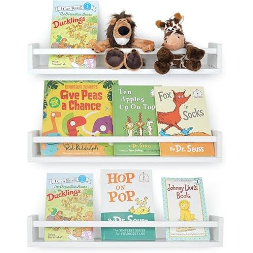 Nursery Book Shelves for Wall, 23.6 Inch Solid Wood Floating Nursery Bookshelf, Wooden Floating Shelves for Toys and Decor Storage, 23.6 Inch Set of 3 White