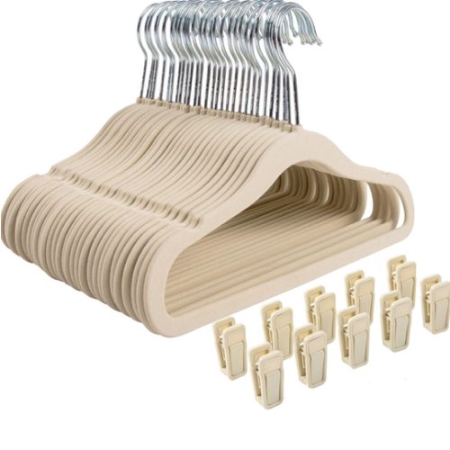 Finnhomy Non-Slip Clothes Hanger for Baby and Kids 30-Pack Velvet Hangers with 10 Finger Clips,Beige
